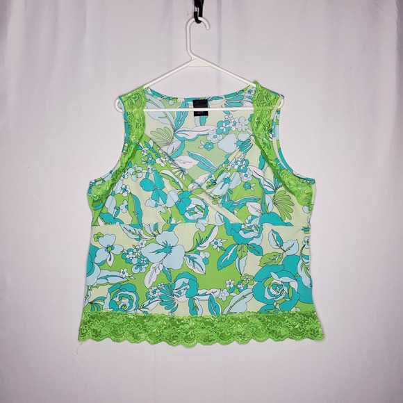 dressbarn Tops - Vtg Y2K Lace Trim Empire Tank Top Women 2X Bold Quirky Retro Floral 90s...